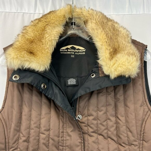 Sun Mountain Puffer Vest Multicolor Snap Faux Fur Trim Collar Pockets Medium - Picture 6 of 10